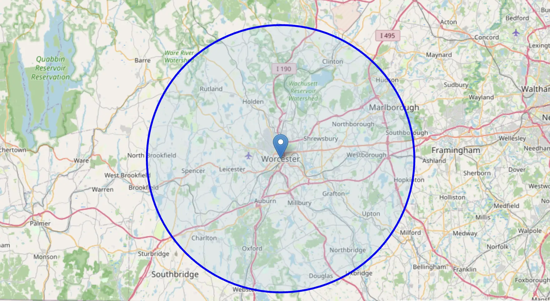 Map of the Worcester, MA area showing the service region, including Shrewsbury, Auburn, Millbury, Holden, West Boylston, Grafton, Leicester, and Paxton